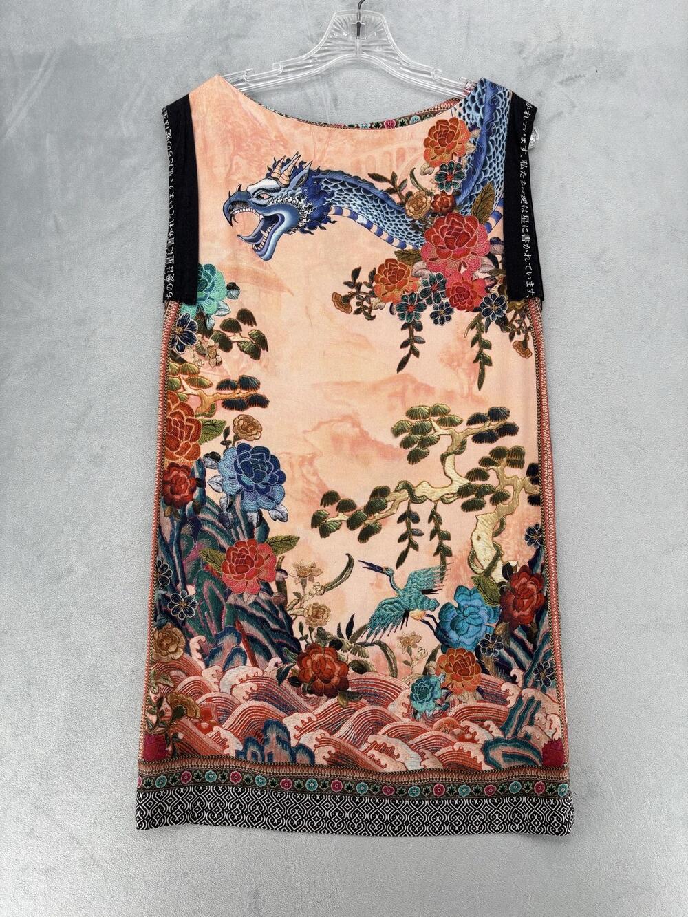 FARM Rio Size M Tank Dress Dragon Crane Floral Wave Peach Pink Orange Mini Midi